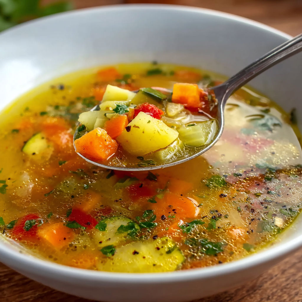 Une soupe chaude est servie dans un bol en verre, avec une cuillère en argent pour la prendre.