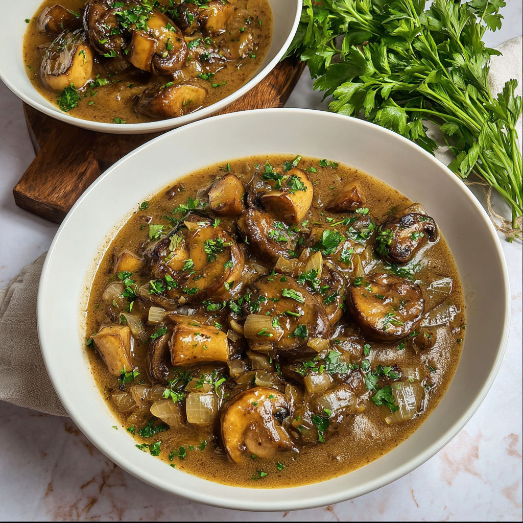 Une assiette de carbonnade de champignons est servie sur une table.