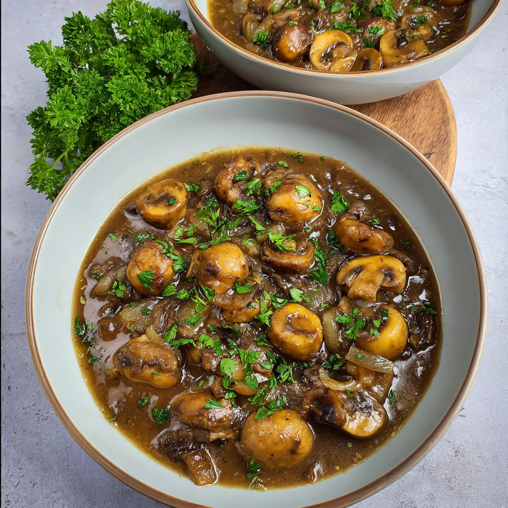 Une recette de bouillon de champignons est servie dans deux assiettes.