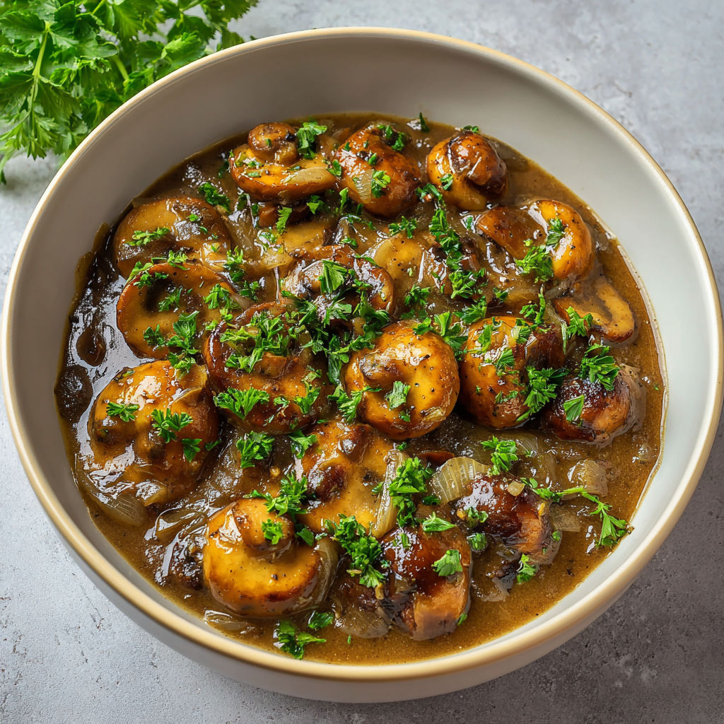 Une soupe de champignons et de légumes, avec des champignons et des herbes fraîches, est servie dans un bol.