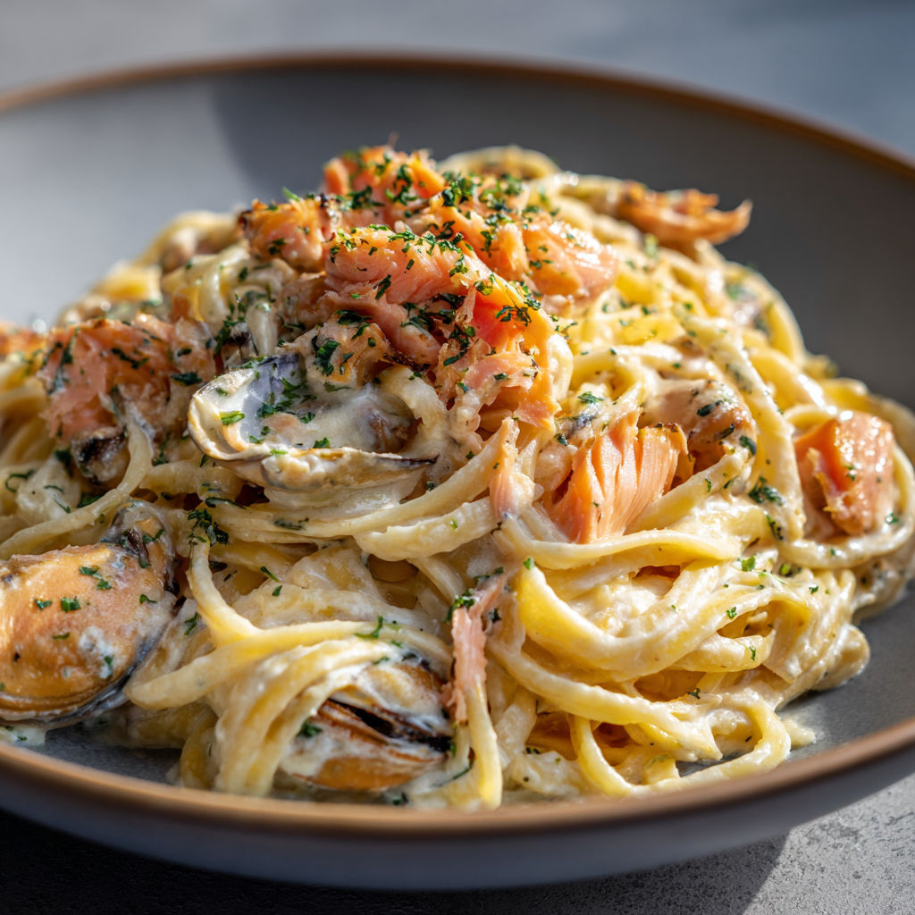 Tagliatelles onctueuses à la truite fumée et saveurs océanes.