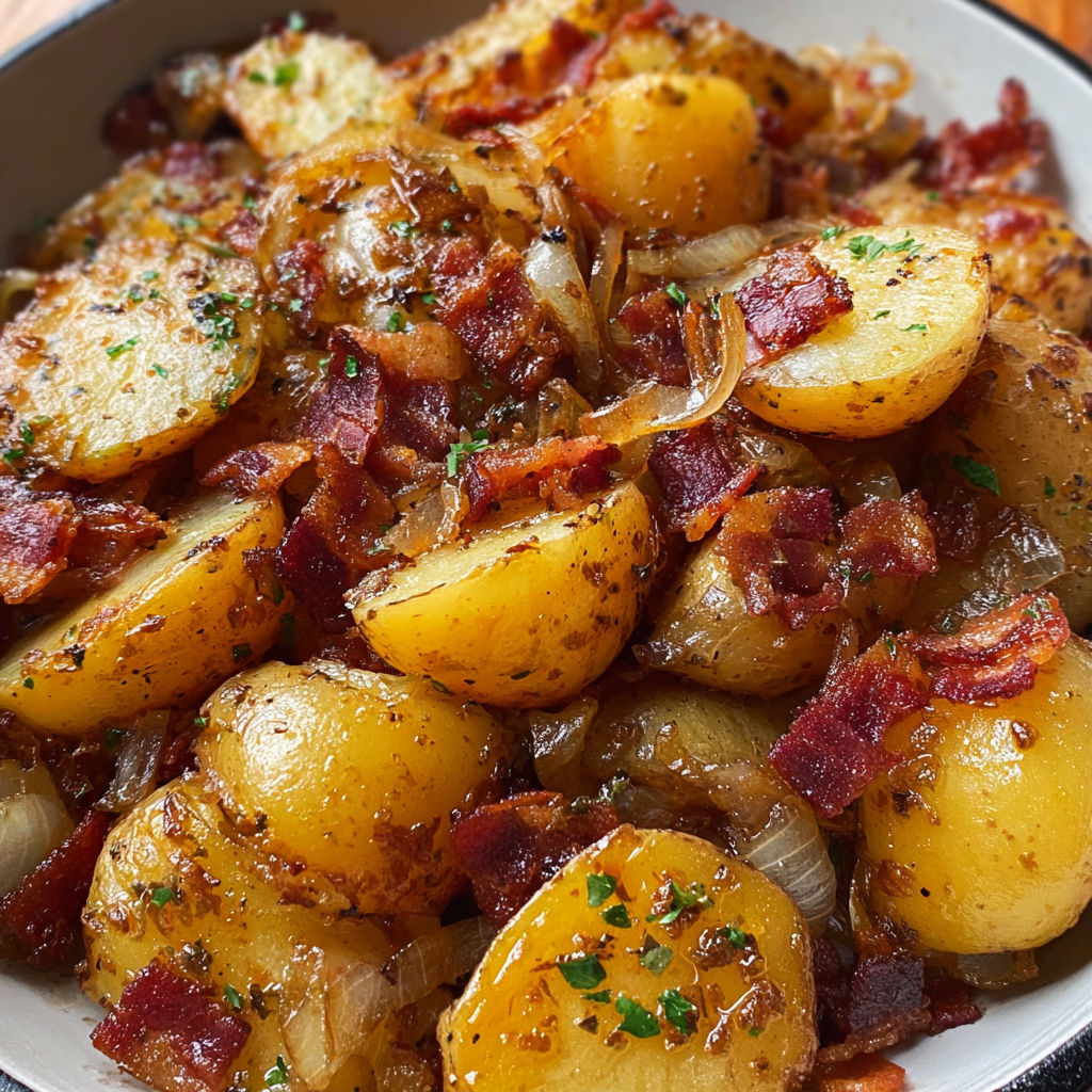 Une assiette de pommes de terre sautées avec des oignons et des lardons, accompagnée d'une sauce.