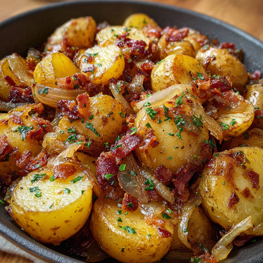 Une assiette de pommes de terre sautées avec des oignons et des lardons, accompagnée d'une sauce tomate.
