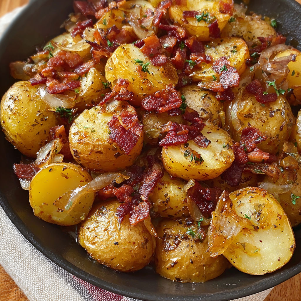 Une assiette de pommes de terre sautées avec des oignons et des lardons, accompagnée d'une sauce au bacon.