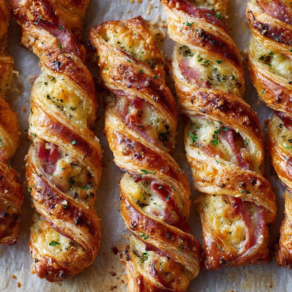 Des feuilletés torsadés au jambon et au fromage, prêts à être mangés.