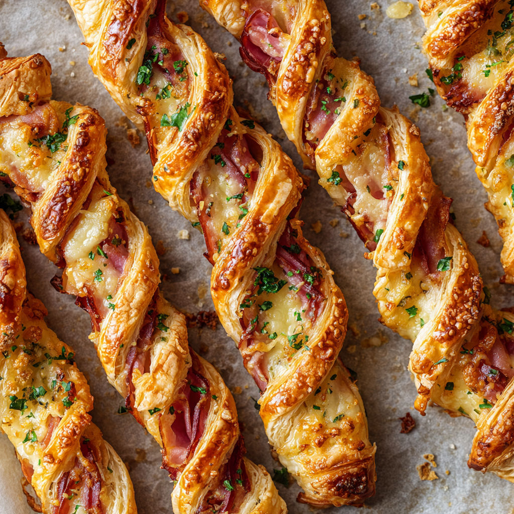 Torsades feuilletées croustillantes au jambon et fromage fondant.