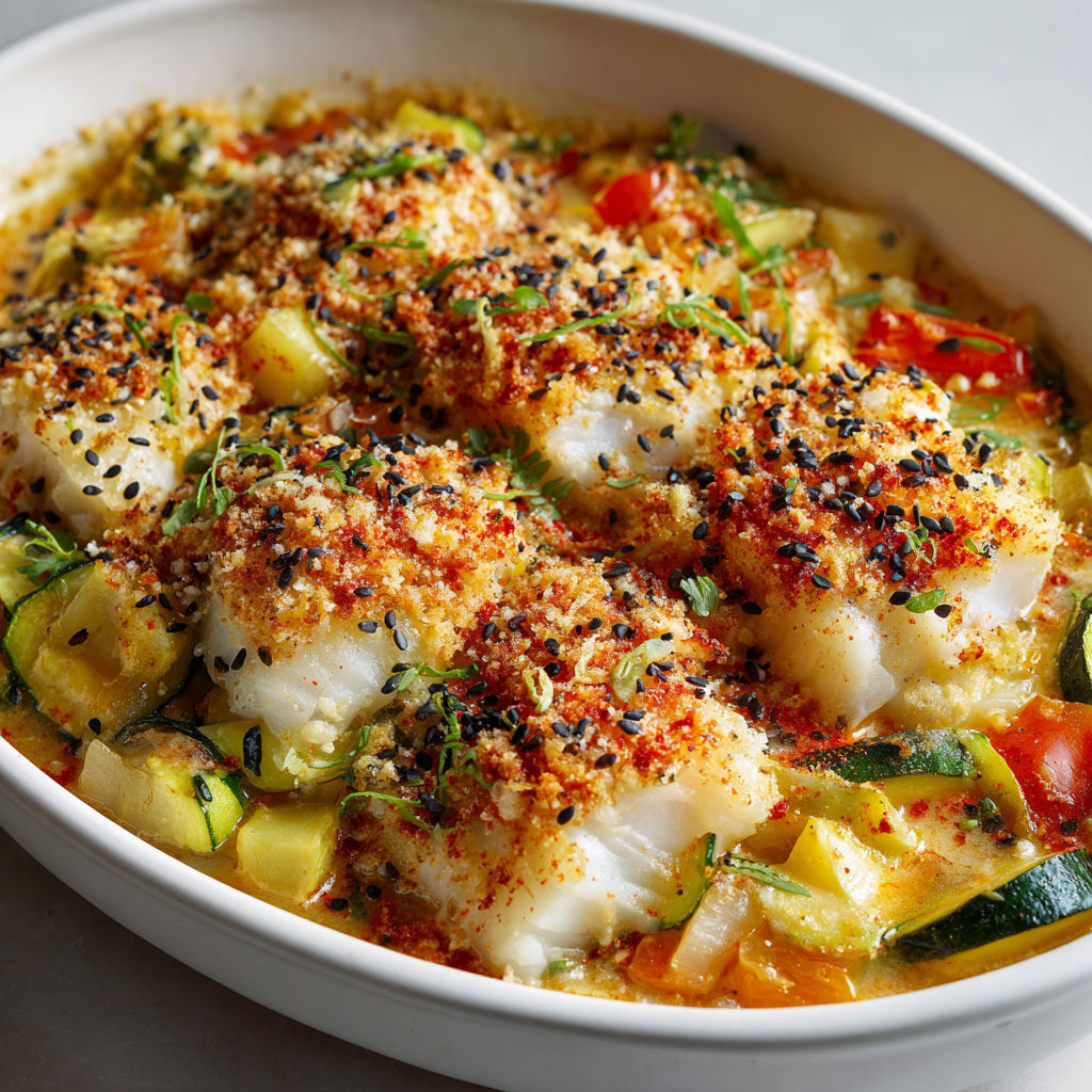Gratin parfumé de courgettes et poisson aux épices