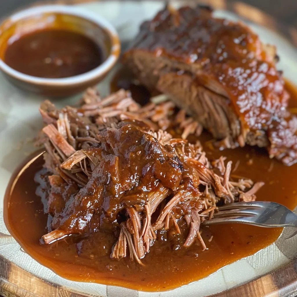 Une viande de boeuf est servie avec une sauce et une souffleuse.