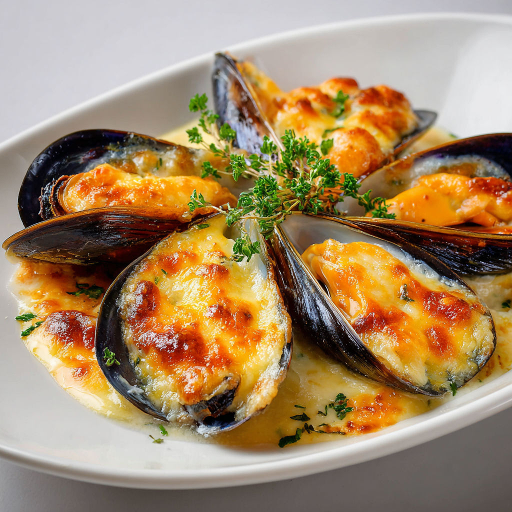 Plate of Moules à la Crème et au Fromage.