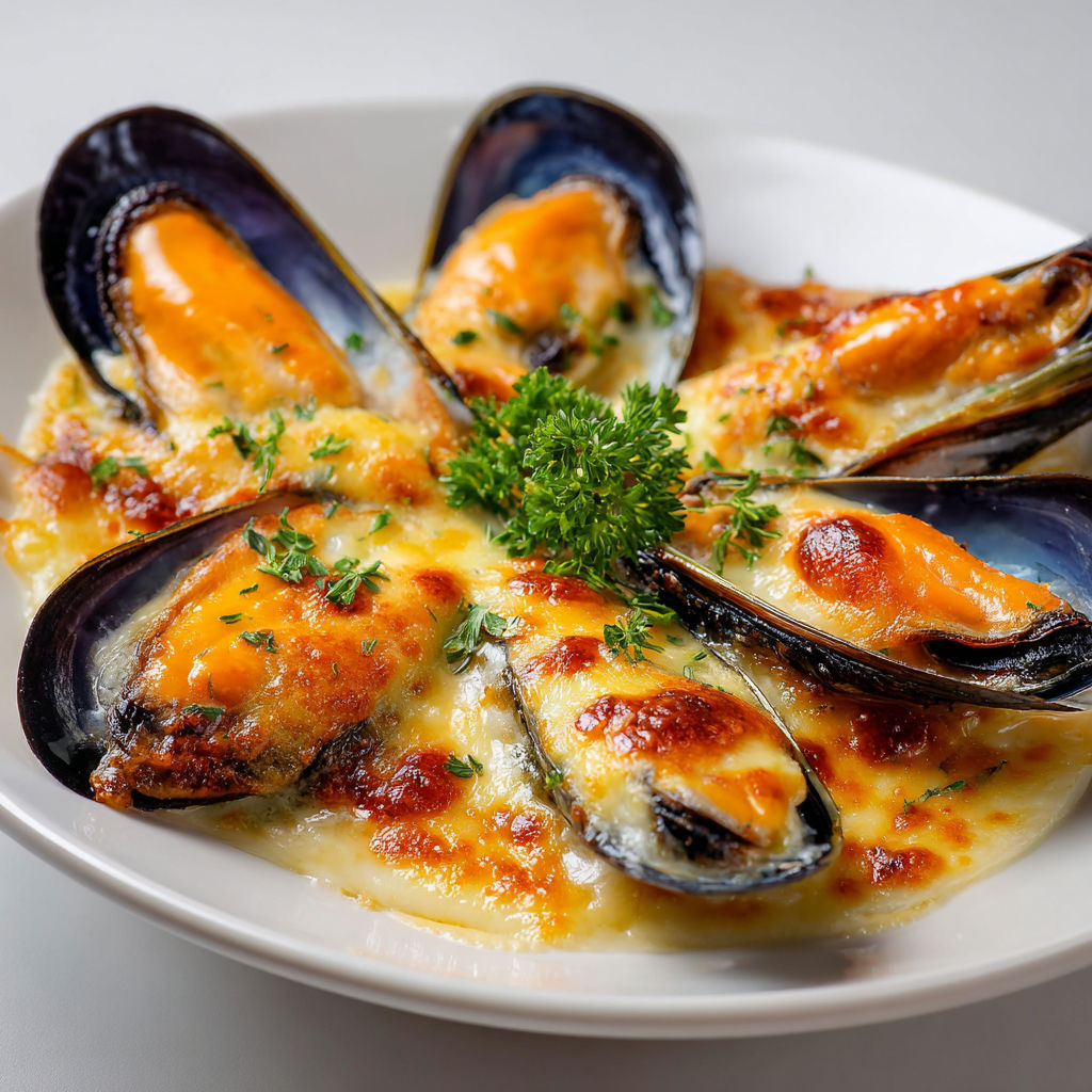 Gratin de moules à la crème et fromage gratiné