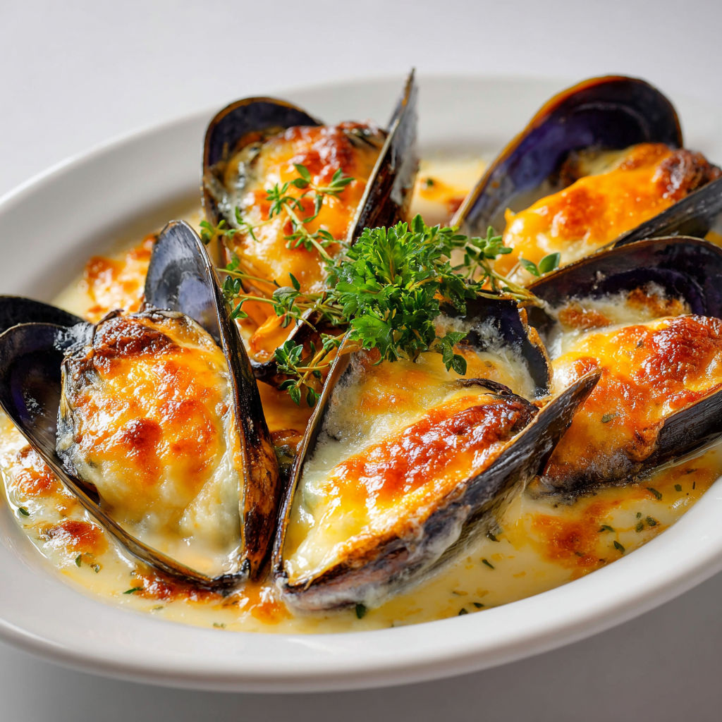 Délice de moules au four, sauce onctueuse et fromage fondant.
