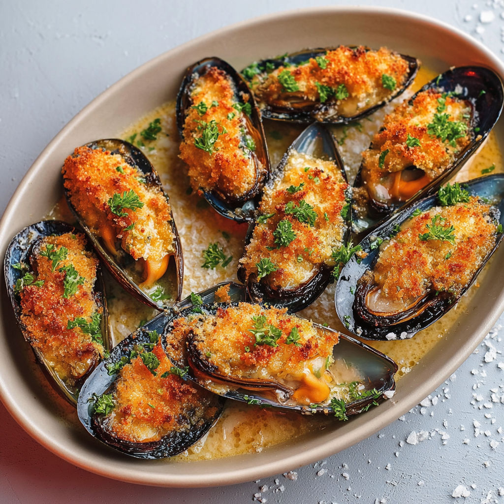 Moules gratinées au parmesan et chapelure dorée.