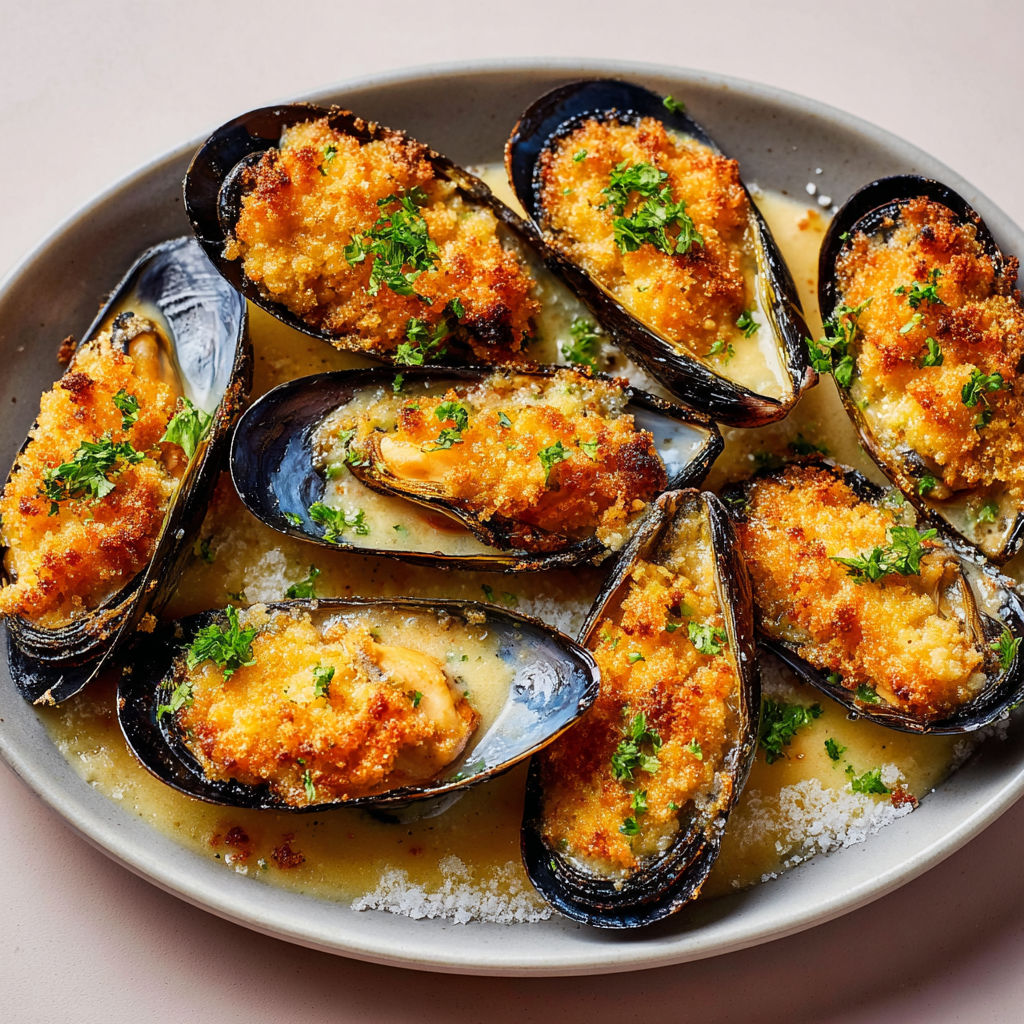 Moules gratinées croustillantes au parmesan.