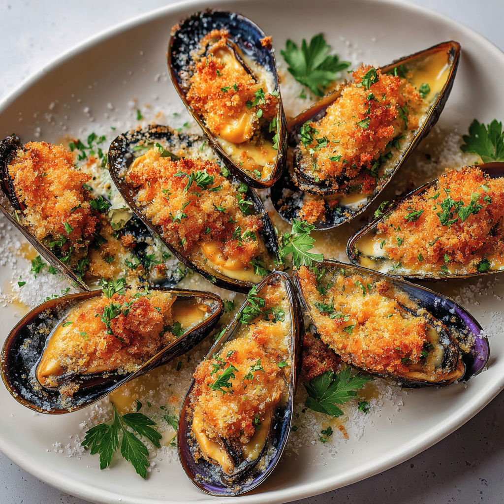 Délice de moules dorées à la chapelure et au beurre persillé.