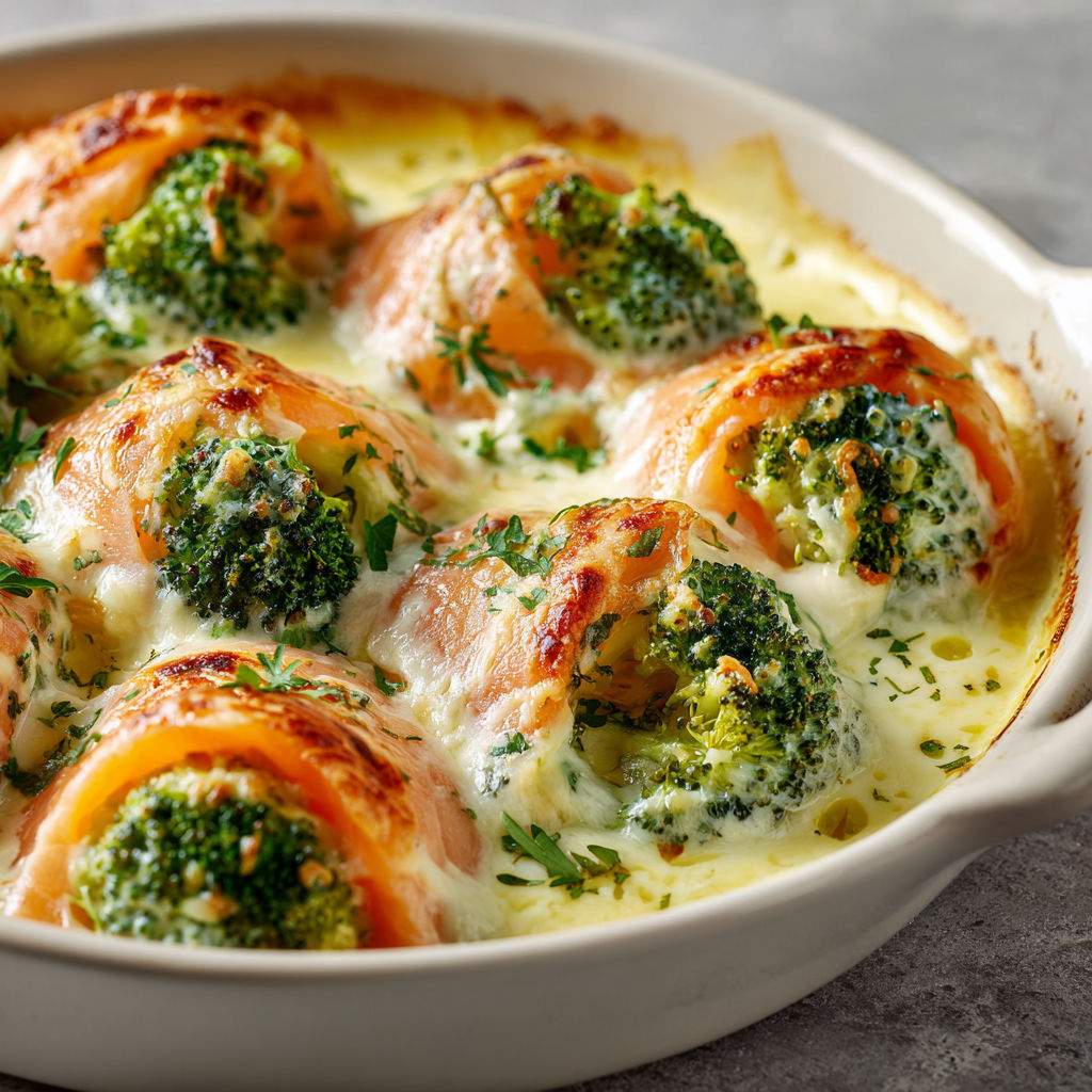 Gratin crémeux de saumon fumé et brocolis.