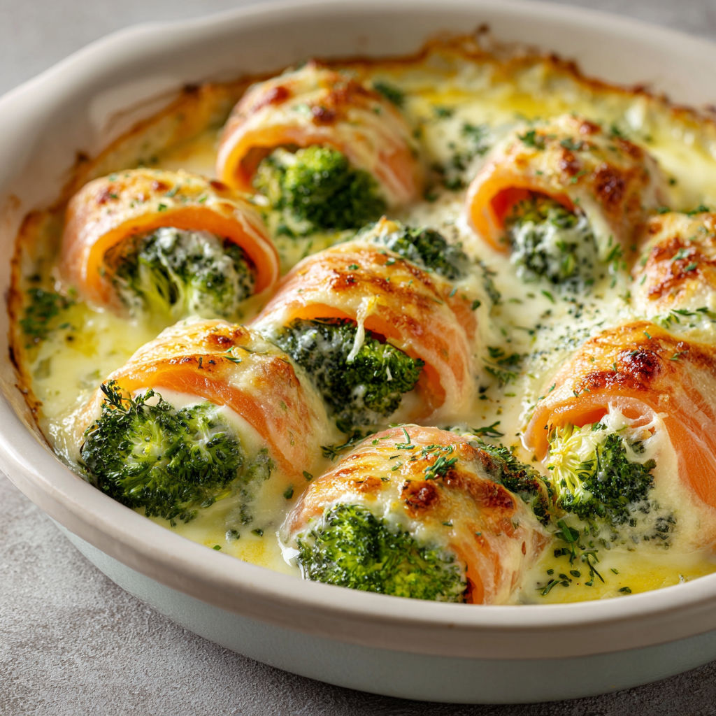 Roulés de saumon fumé au brocoli en sauce onctueuse.
