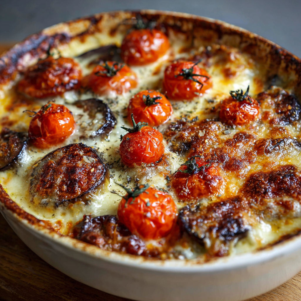 Un plat de gratin d'aubergines, tomates et béchamel, servit sur une table.