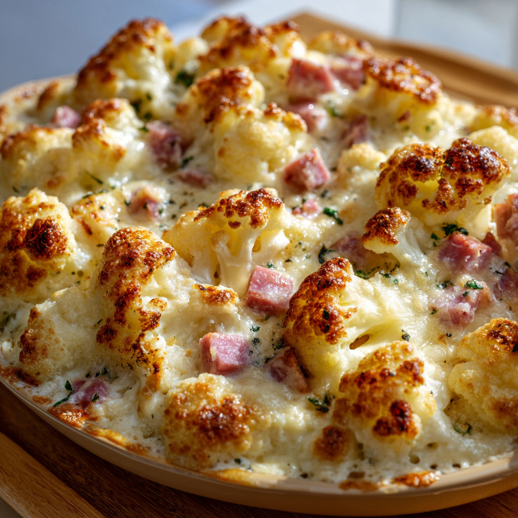 Gratin réconfortant de chou-fleur au jambon.
