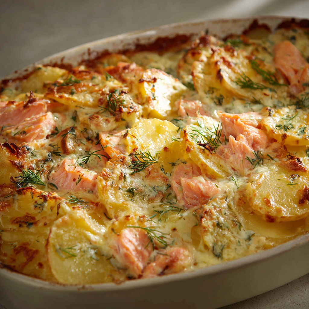 Une gratinée de pommes de terre au saumon et aneth, servie dans un plat en céramique.