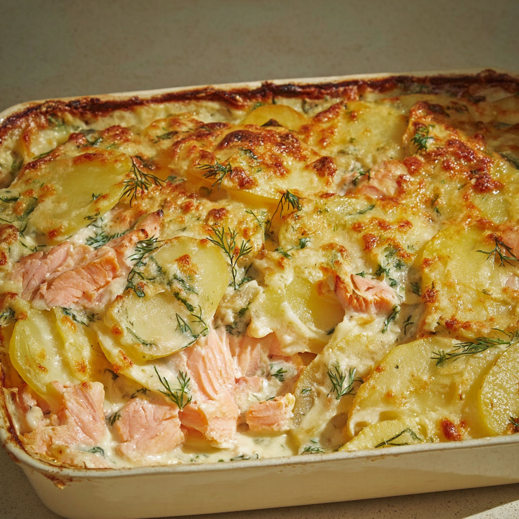 Gratin au saumon et aux pommes de terre, avec des herbes et des légumes, est servie dans un plat en acier.