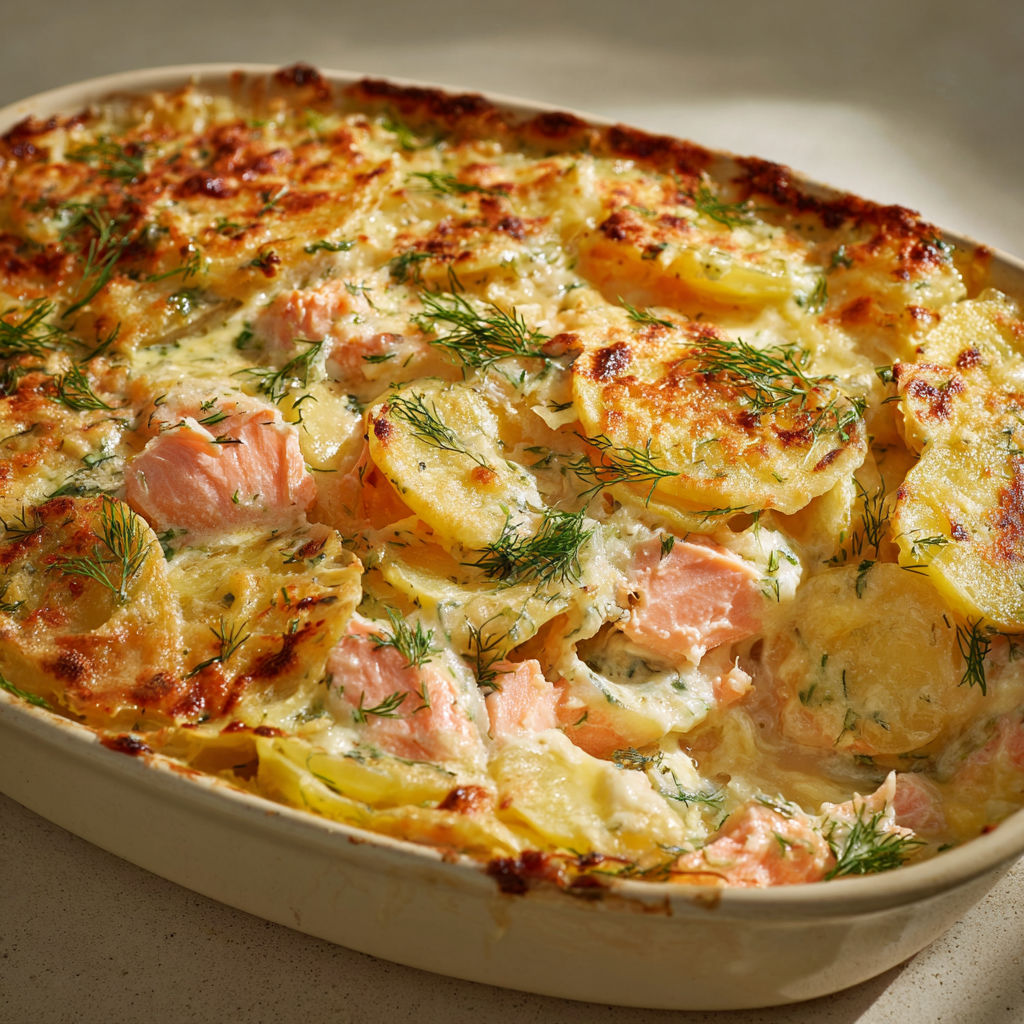 Gratin au saumon et aux pommes de terre, avec des herbes fraîches et des légumes, est servie dans un bol en céramique.