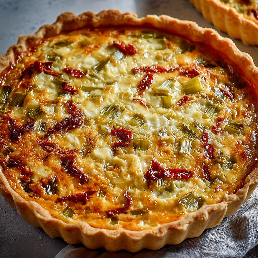 Une quiche aux poireaux, fromage et tomates séchées est servie sur une table.