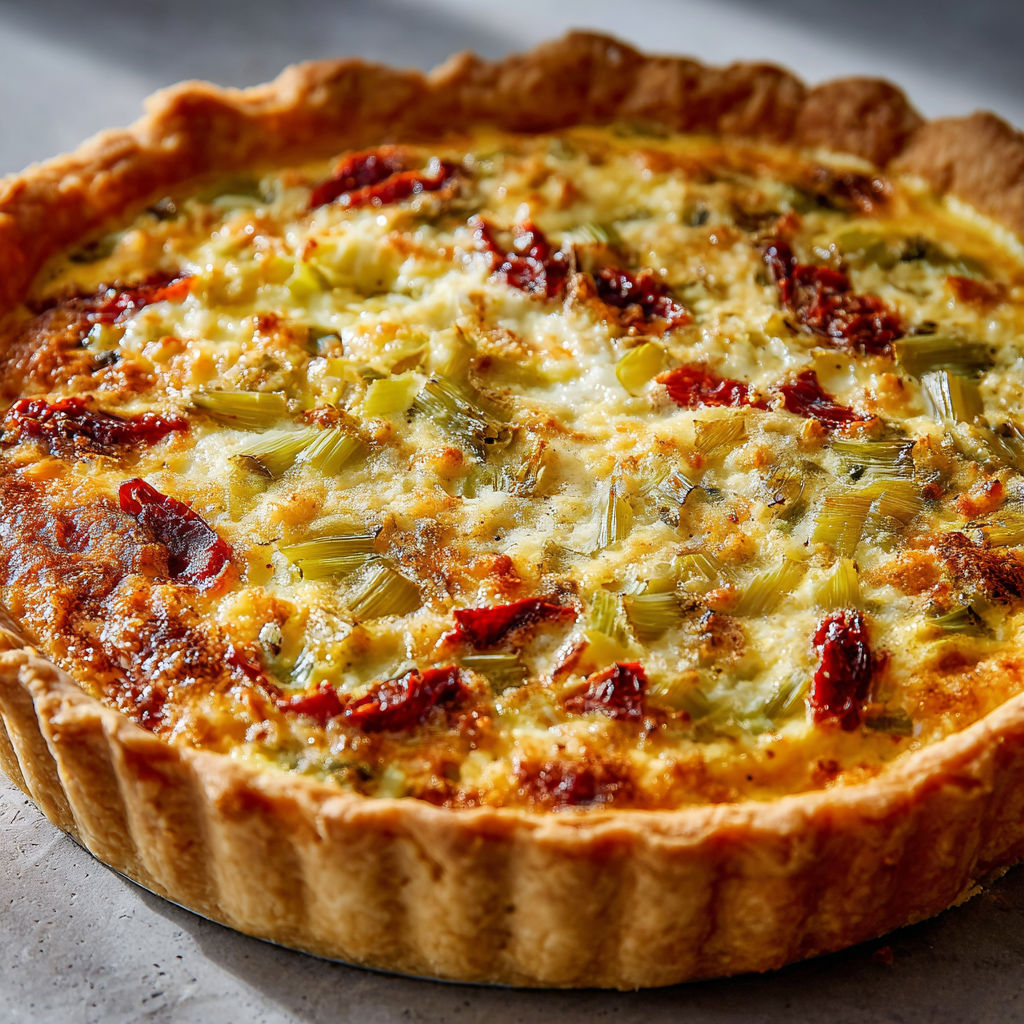 Une quiche aux poireaux, fromage et tomates séchées