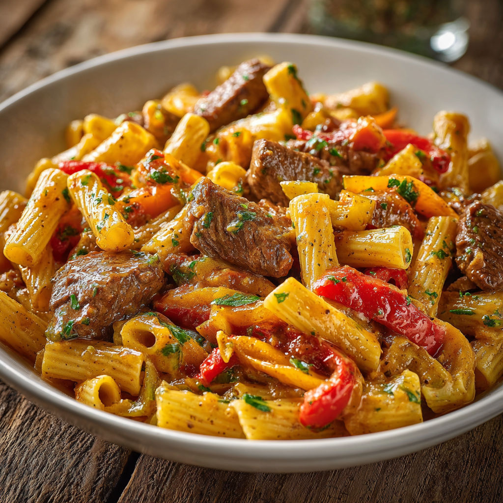 Un plat de pâtes au bœuf sauté et poivrons sur une table de bois.