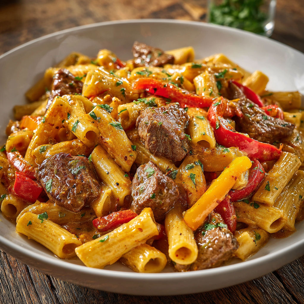 Pâtes au bœuf sauté et trio de poivrons