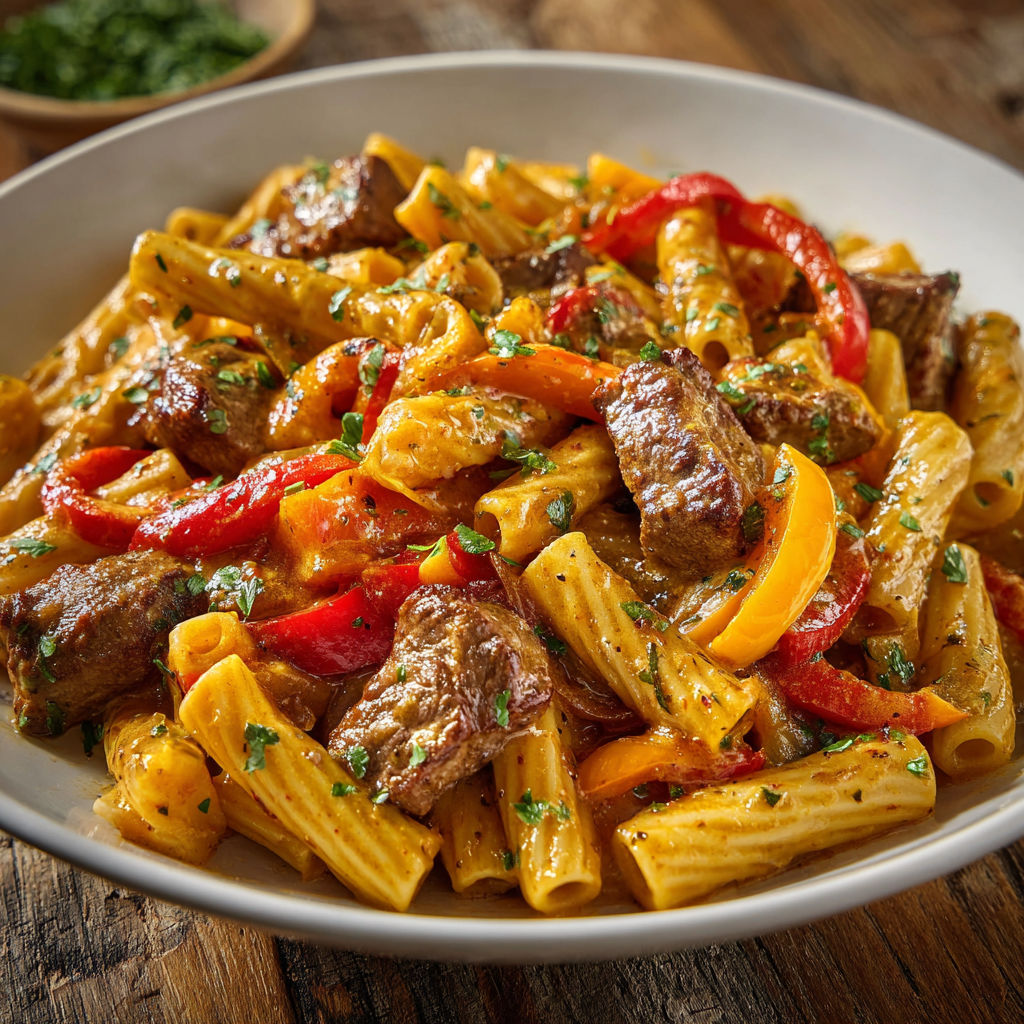 Tagliatelles au bœuf, poivrons et sauce soja parfumée