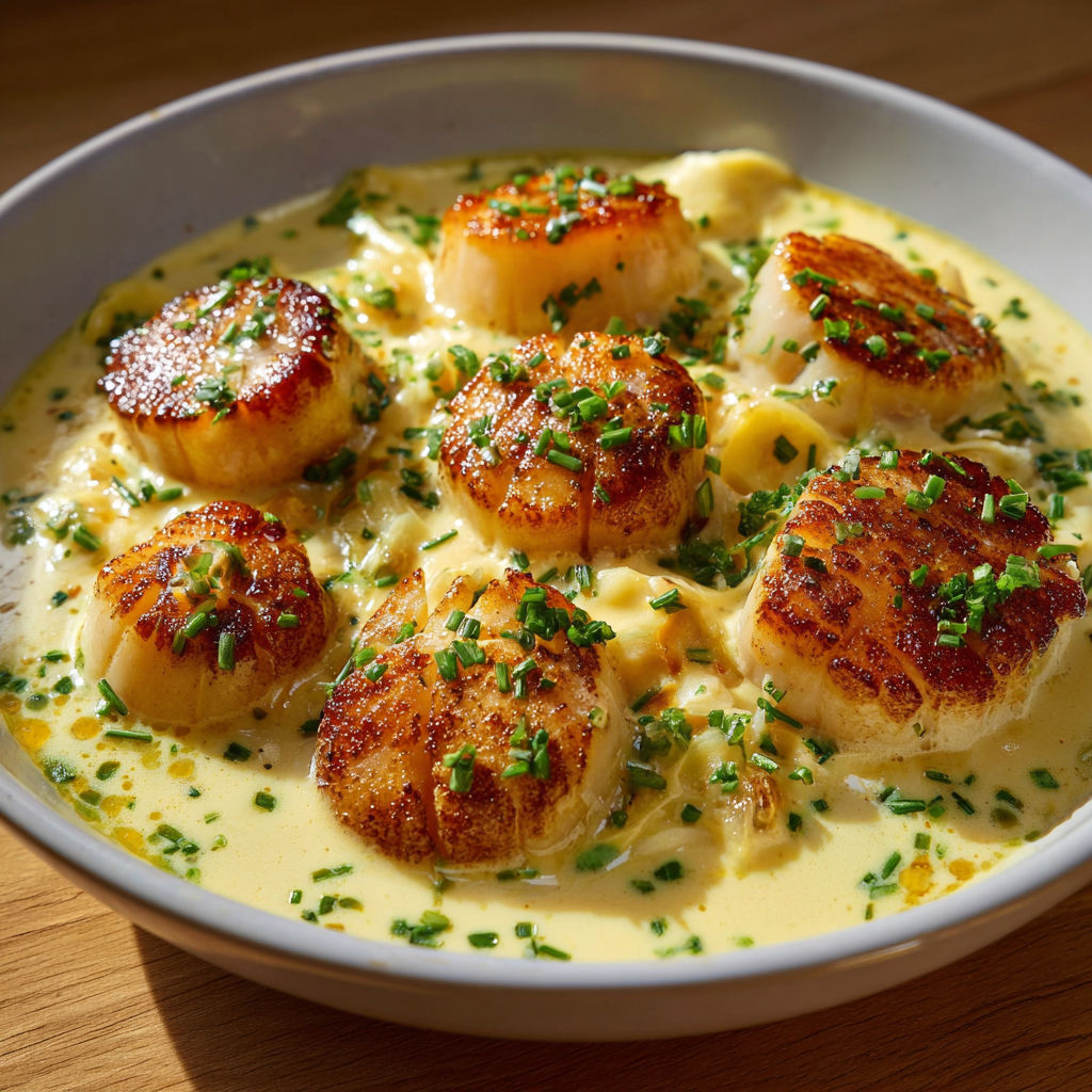 Un plat de Saint-Jacques en Sauce Normande, avec des herbes fraîches et une sauce crémeuse.