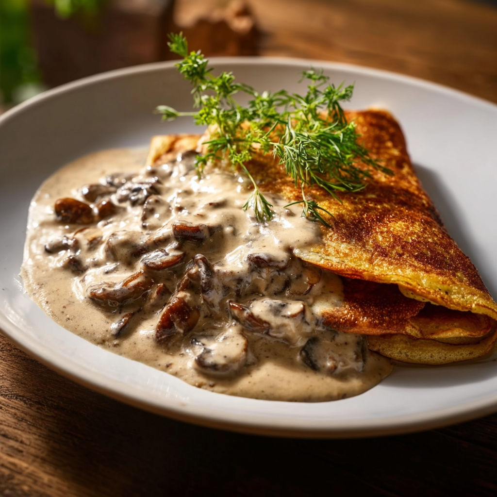Une assiette de pancakes avec crème aux champignons.