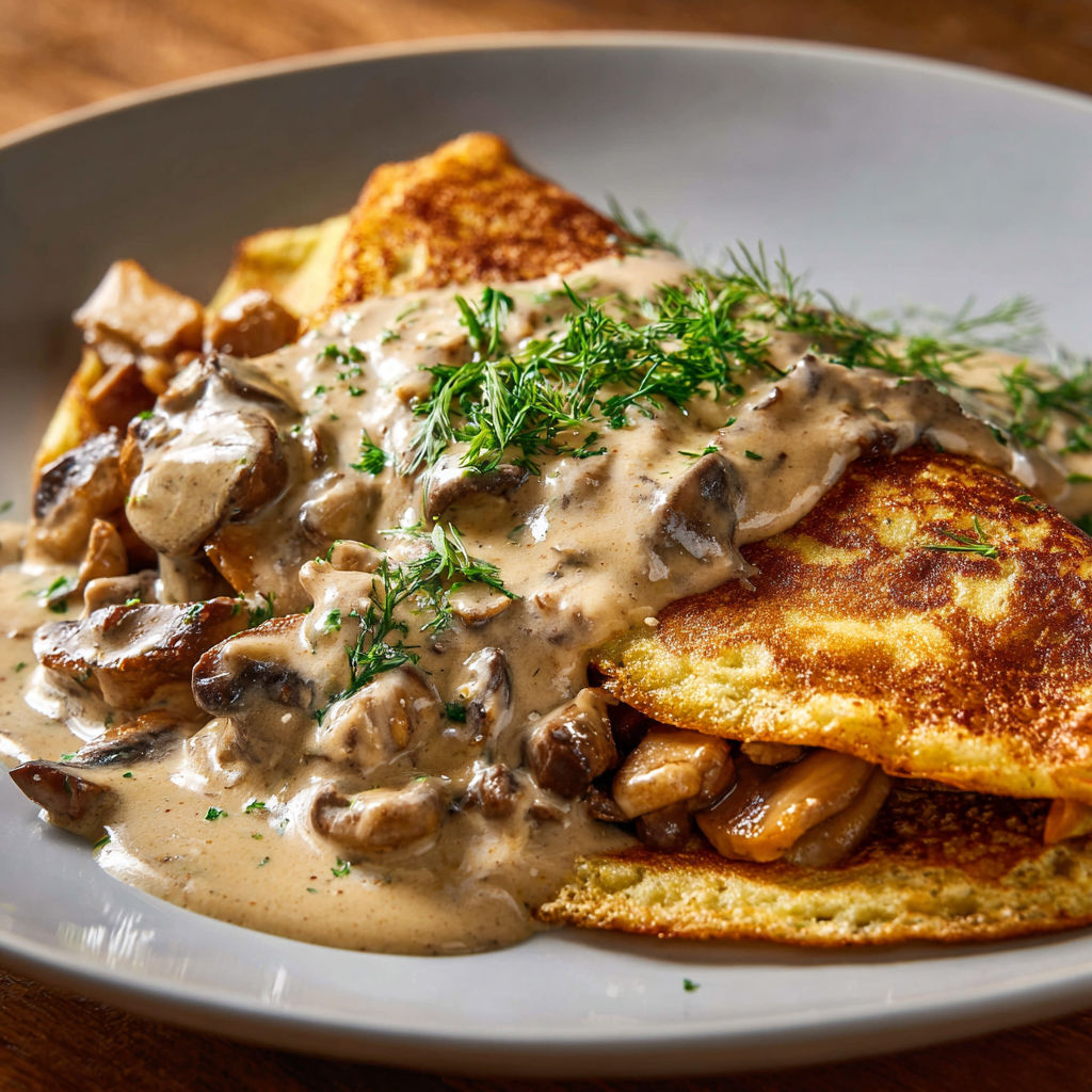 Une assiette de crêpes aux champignons, garnie de herbes et sauce, est servie sur une table.