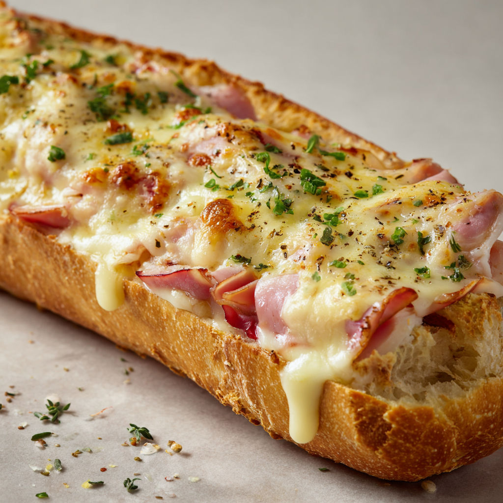 Une baguette gratinée avec du jambon de poulet et du fromage.