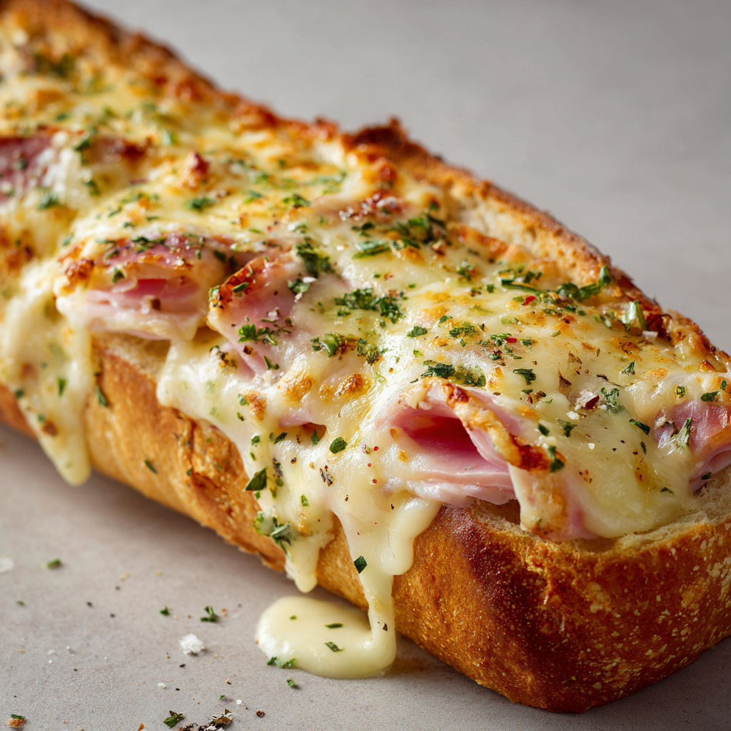 Une tranche de baguette gratinée avec du jambon de poulet et du fromage.