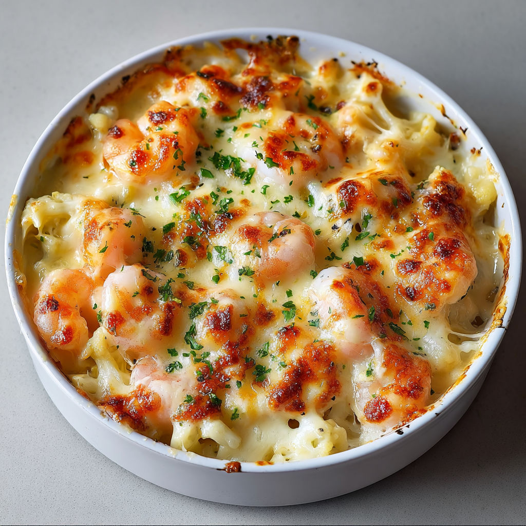 Une gratinée de crevettes, pétoncles et chou-fleur dans un bol.