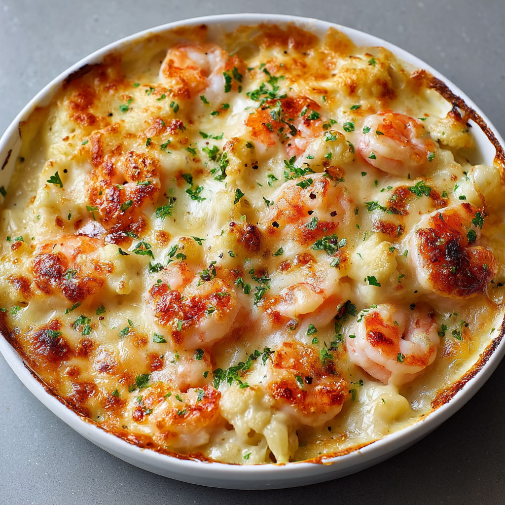 Gratin de la Mer au Chou-fleur : Un Mélange Crémeux de Crevettes et Pétoncles