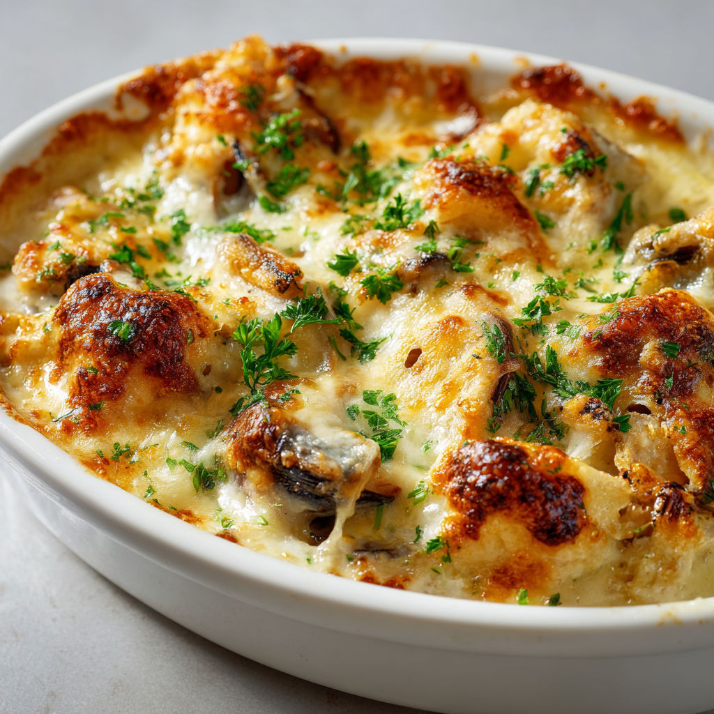 Une casserole de poisson blanc et moules gratinée, servie dans un bol blanc.