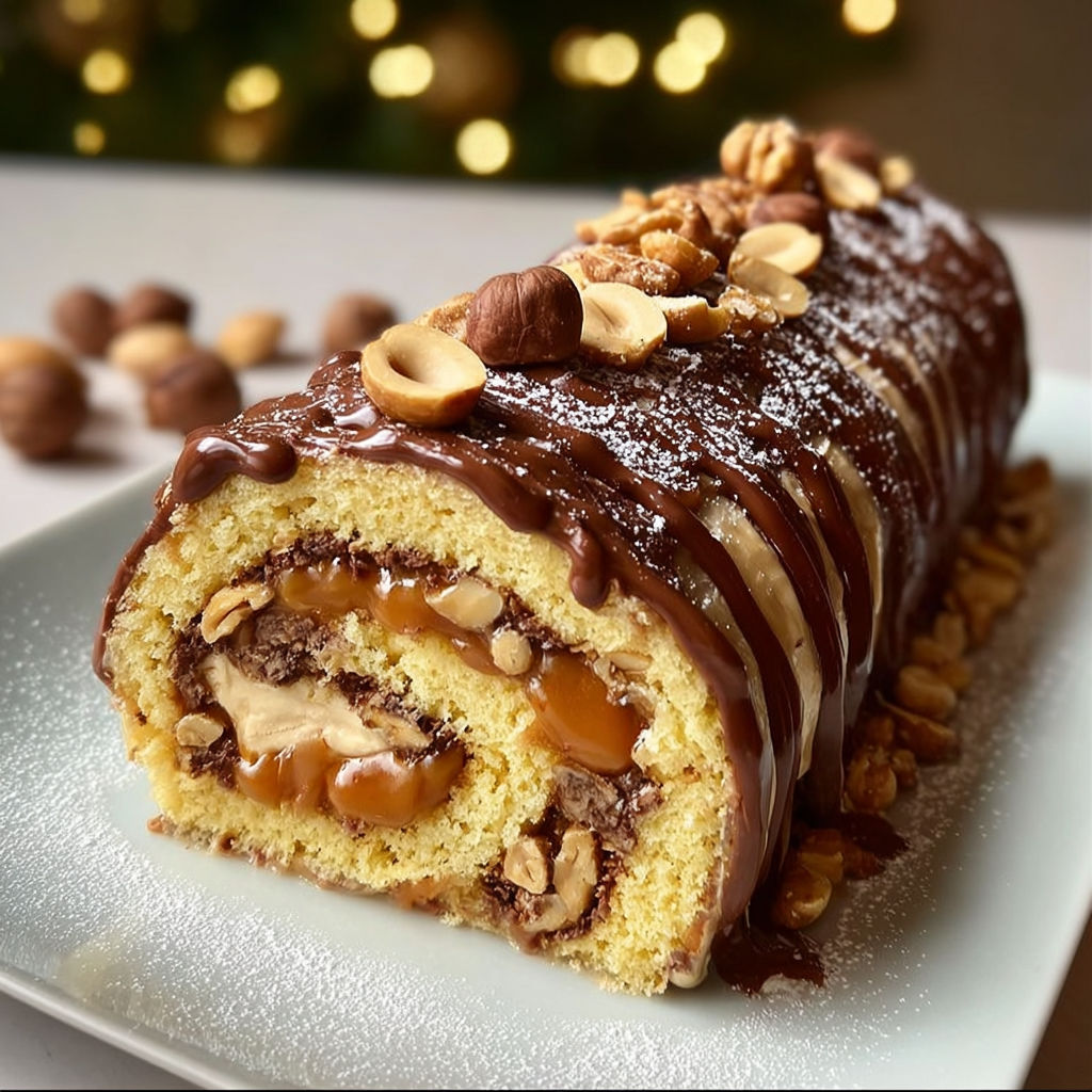 Bûche de Noël Gourmande Cacahuètes, Caramel et Vanille.