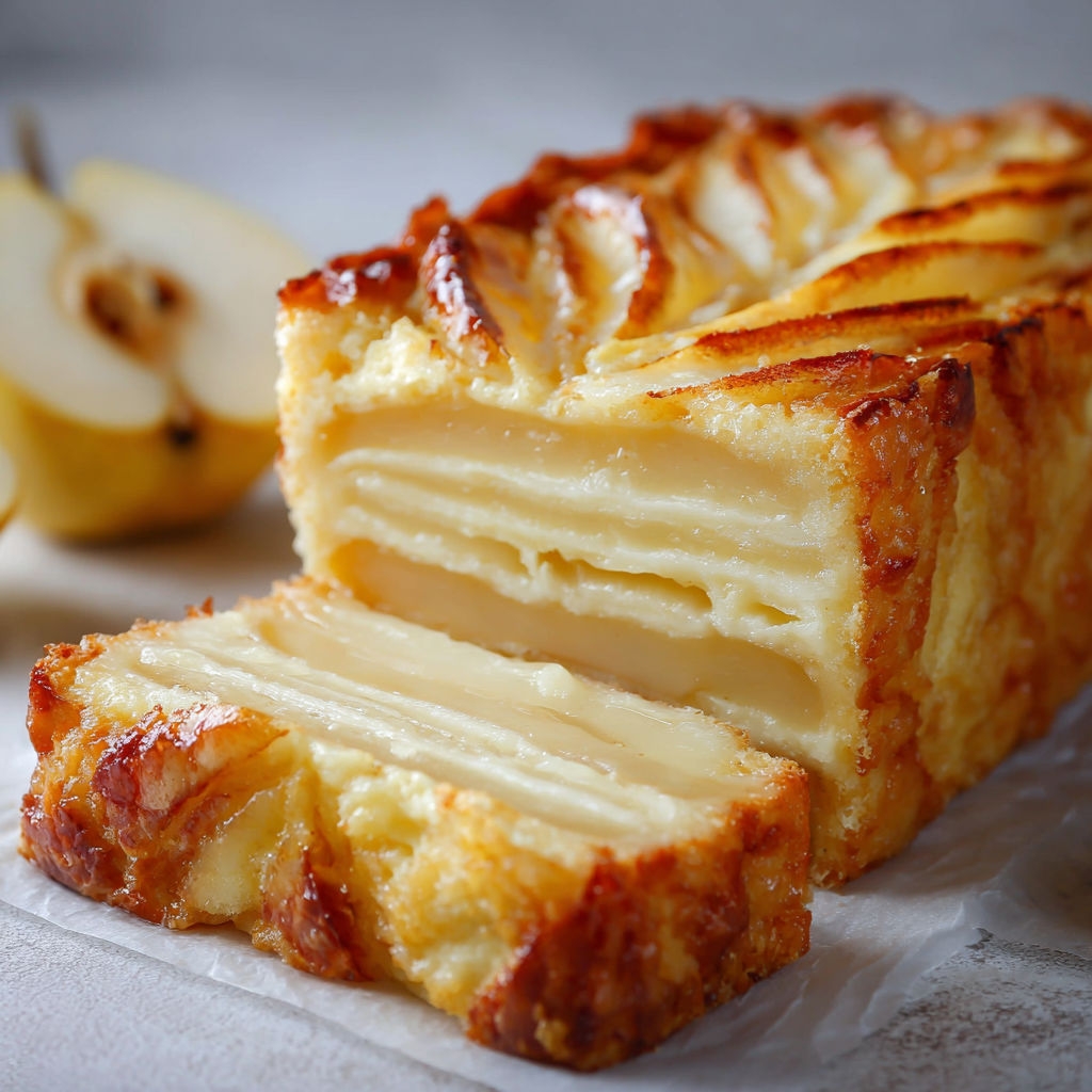 Une portion de gâteau invisible aux poires et à la vanille, avec une poire en dessous.