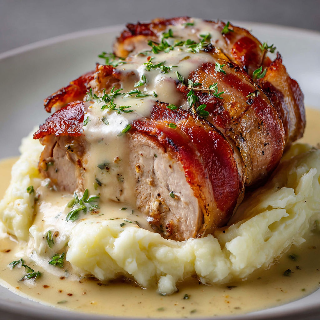 Rôti de Porc en Habit de Lard, Sauce Boursin et Purée Maison.