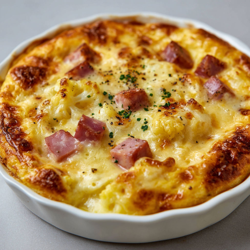 Un plat de clafoutis de chou-fleur au jambon léger, servit dans un bol blanc.