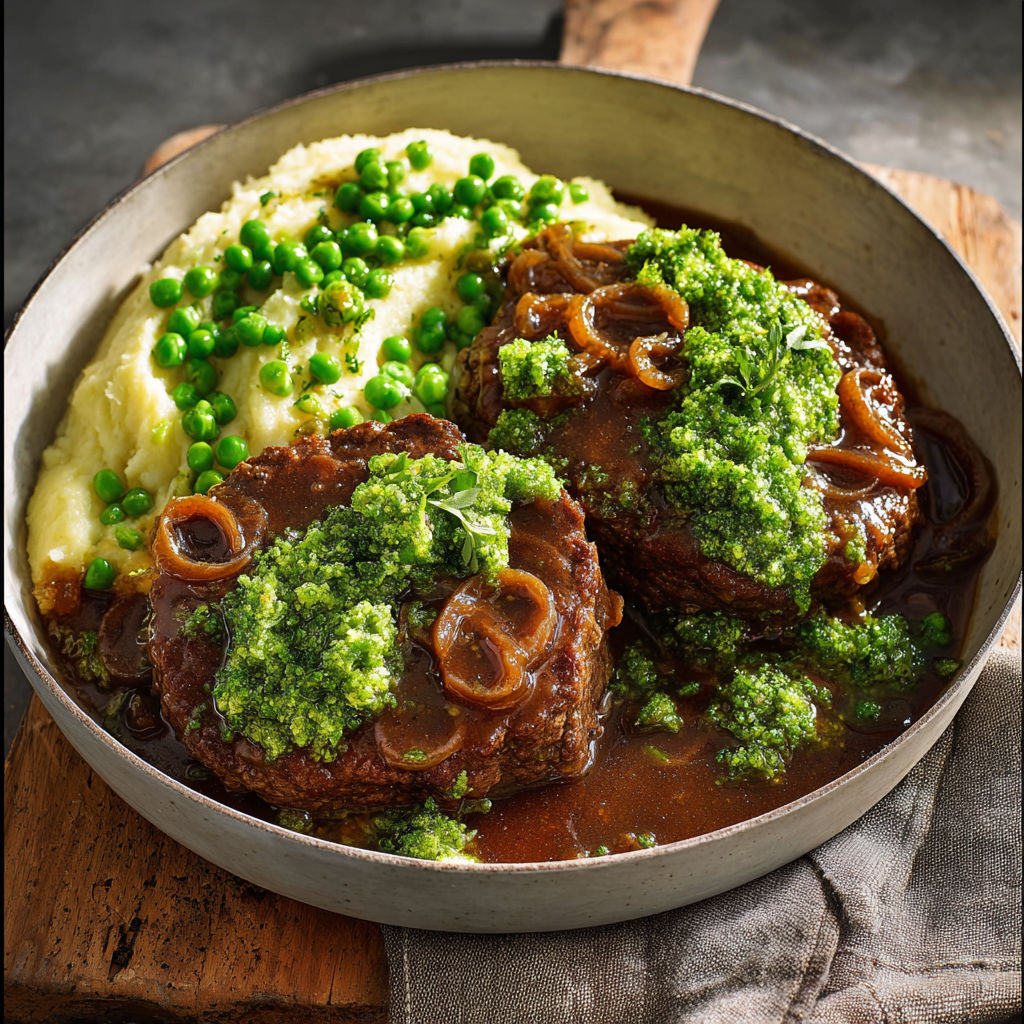 Hamburger Steak Maison avec Purée de Brocoli et Petits Pois.