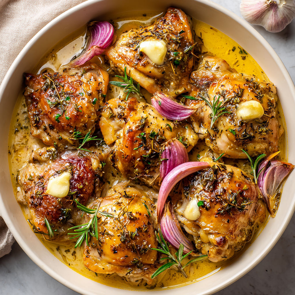 Un plat de cuisses de poulet braisées au vin blanc et au romarin.