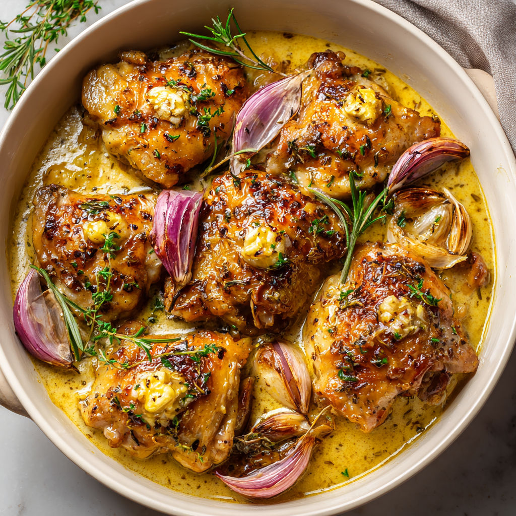 Poulet Braisé au Four avec Oignons Caramélisés et Sauce au Vin Blanc.