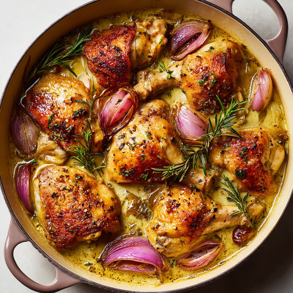 Cuisses de Poulet Fondantes au Vin Blanc et Romarin Aromatique.