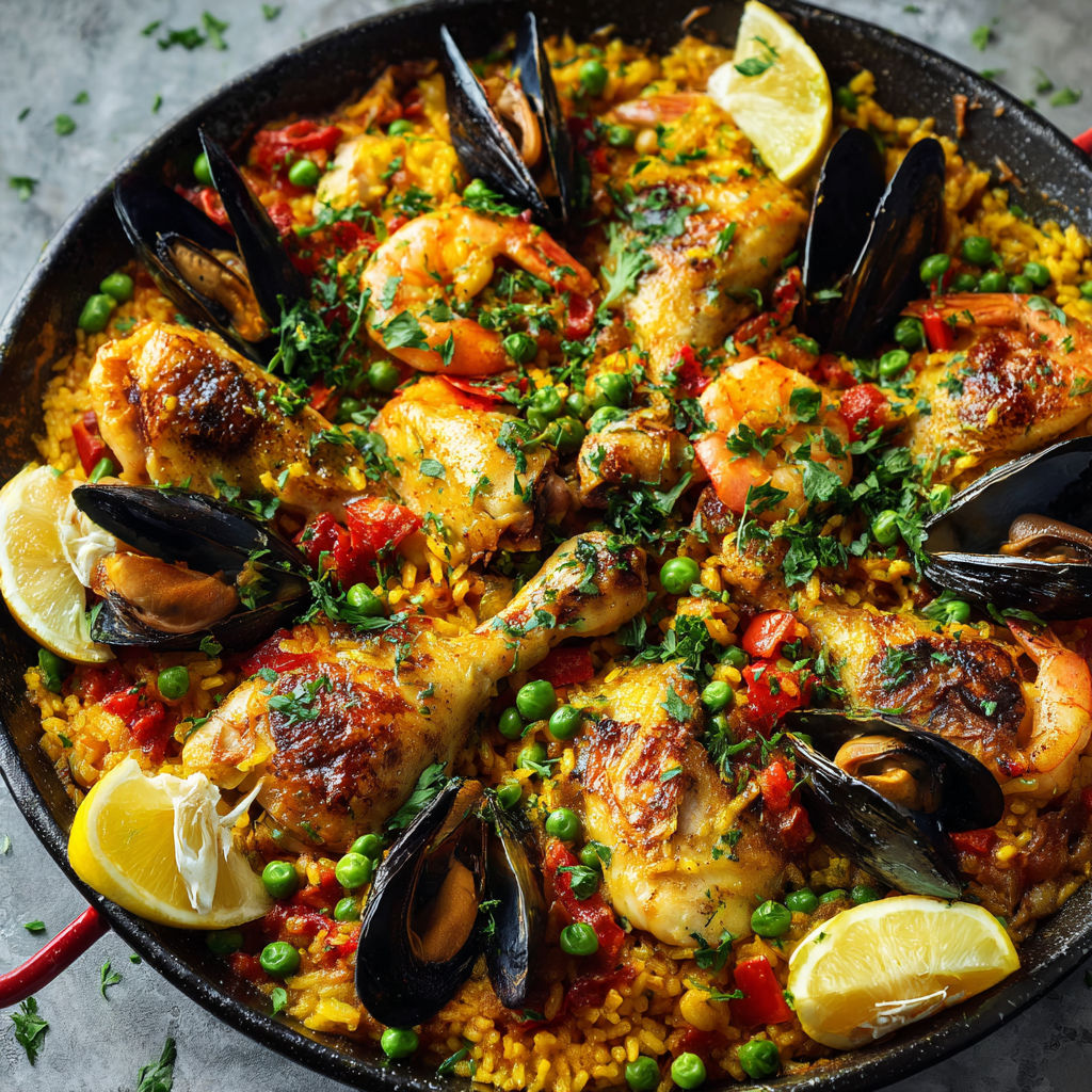 Une paella de poulet et légumes, avec des tomates, des poivrons, des oignons, des pommes de terre et des épinards.