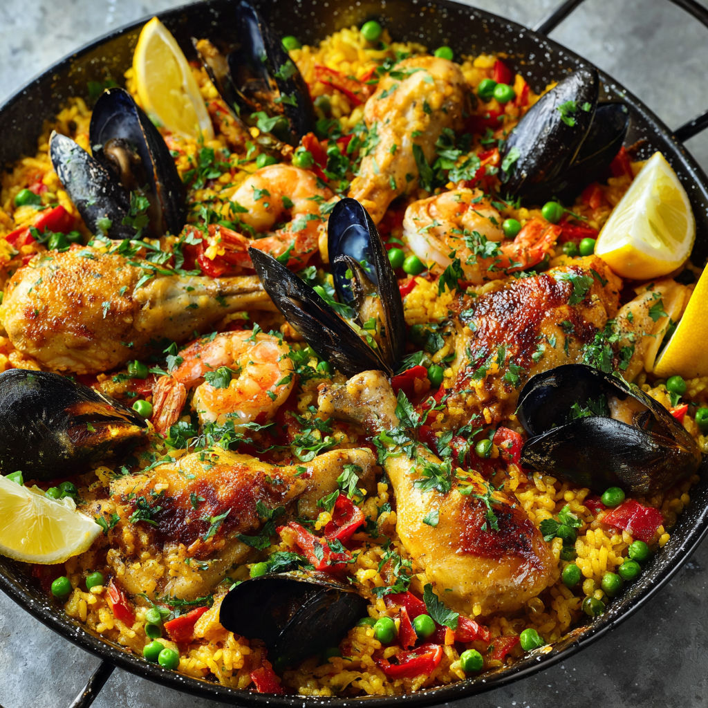 Paella Espagnole Authentique aux Fruits de Mer et Poulet Doré.