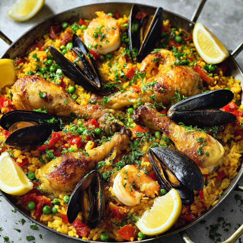 Poêle Méditerranéenne aux Crevettes, Moules et Riz au Safran.