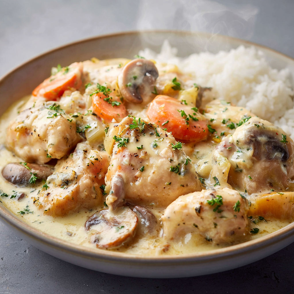 Blanquette de Poulet Crémeuse au Bleu d’Auvergne et Légumes Fondants.